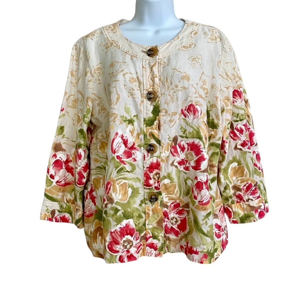 JM Collection Multicolor Cream Linen Floral Top Jacket Size 14 Breathable